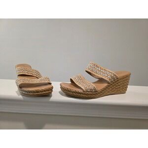 Women's sz 9 Mariella Made in Italy Tan Rhinestone‎ Espadrille Wedge Sandals